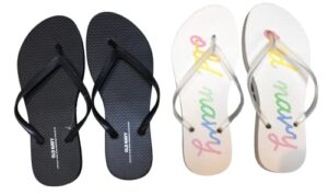old navy women beach summer casual flip flop sandals (10 white script logo & black flip flops) with dust cover
