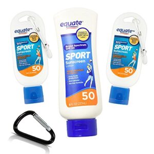 equate sport spf 50 premium sunblock 3-pack: 8oz full sunscreen + 2pc 1.5oz travel size protection with an adam’s brand durable carabiner – for complete waterproof sun protection wherever you go