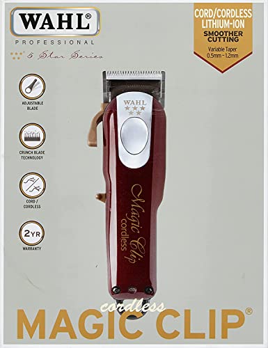 Wahl Professional 5-Star Cord/Cordless Magic Clip #8148 - Great for Barbers and Stylists - Precision Cordless Fade Clipper Loaded with Features - with Bonus Neck Duster (Burgundy)