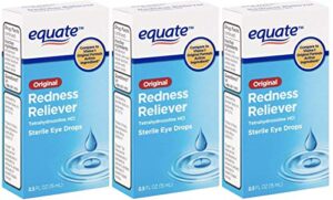 equate redness reliever sterile eye drops 0.5oz dropper bottle 3 pack. lubricant gives long lasting relief for burning, itching, & dryness fast! cures red eyes with active ingredient tetrahydrozoline.