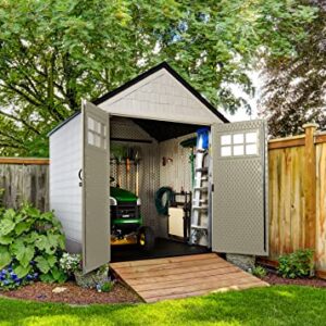 Rubbermaid Resin Weather Resistant Outdoor Storage Shed, 7 x 7 ft. , Faint Maple/Onyx/Sandstone, for Garden/Backyard/Home/Pool