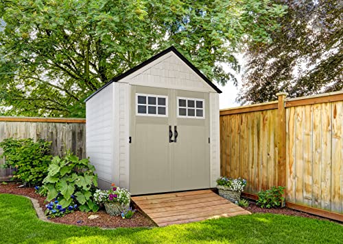 Rubbermaid Resin Weather Resistant Outdoor Storage Shed, 7 x 7 ft. , Faint Maple/Onyx/Sandstone, for Garden/Backyard/Home/Pool