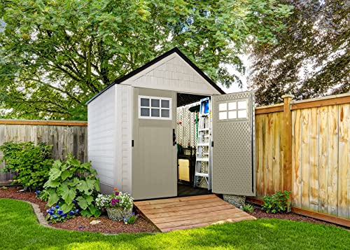 Rubbermaid Resin Weather Resistant Outdoor Storage Shed, 7 x 7 ft. , Faint Maple/Onyx/Sandstone, for Garden/Backyard/Home/Pool