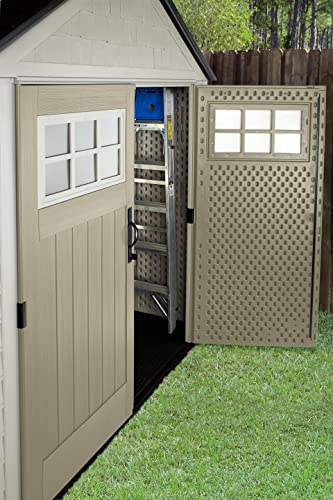 Rubbermaid Resin Weather Resistant Outdoor Storage Shed, 7 x 7 ft. , Faint Maple/Onyx/Sandstone, for Garden/Backyard/Home/Pool