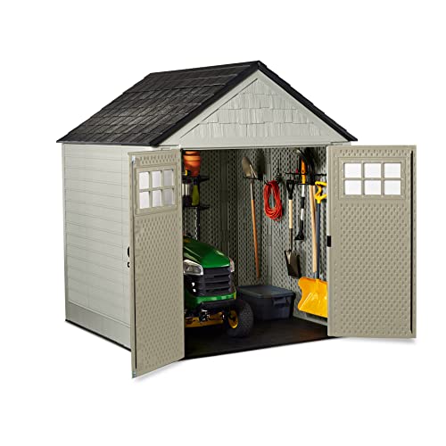 Rubbermaid Resin Weather Resistant Outdoor Storage Shed, 7 x 7 ft. , Faint Maple/Onyx/Sandstone, for Garden/Backyard/Home/Pool