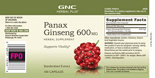 GNC Herbal Plus Panax Ginseng 600mg, 100 Capsules, Supports Vitality