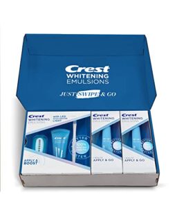 crest whitening emulsions leave-on teeth whitening gel kit with led accelerator light, 0.63oz + built-in applicator + two 0.35oz on-the-go teeth whitening pens value pack