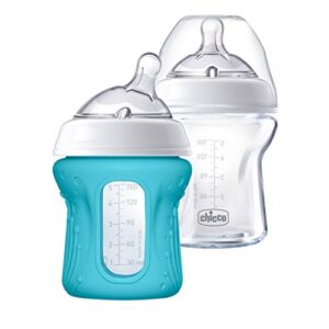 chicco naturalfit glass baby bottle 2 pack, 0m+ slow flow, with bonus silicone sleeve