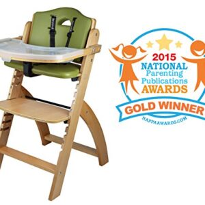 Abiie Beyond Wooden High Chair with Tray. The Perfect Adjustable Baby Highchair Solution for Your Babies and Toddlers or as a Dining Chair. (6 Months up to 250 Lb) (Natural Wood - Olive Cushion)