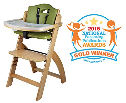 Abiie Beyond Wooden High Chair with Tray. The Perfect Adjustable Baby Highchair Solution for Your Babies and Toddlers or as a Dining Chair. (6 Months up to 250 Lb) (Natural Wood - Olive Cushion)