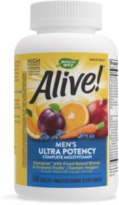 nature’s way alive! men’s ultra potency complete multivitamin, high potency b-vitamins, energy metabolism*, food-based blends, 150 tablets