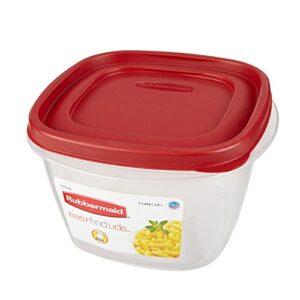 rubbermaid 1925459 easy find lid square food storage containers, 7 cups, catalog code 7j67, crystal clear plastic base with red lid, pack of 6