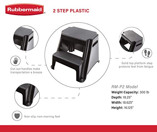 Rubbermaid RM-P2 2-Step Molded Plastic Stool with Non-Slip Step Treads, 300-Pound Capacity (Amazon Exclusive) , Black