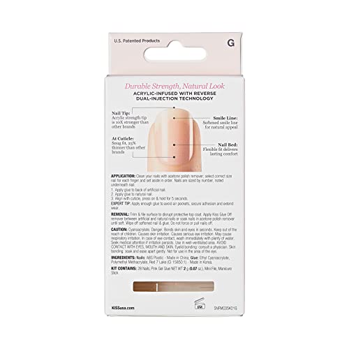 KISS Salon Acrylic French Nail Manicure Set, Medium Length, Nude, Square, Kit Includes Pink Gel Glue, 0.07 Oz, Mini Nail File, Manicure Stick, and 28 Fake Nails, Leilani, 32 Piece Set