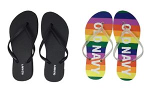old navy women beach summer casual flip flop sandals (10 rainbow stripe logo & black flip flops) with dust cover