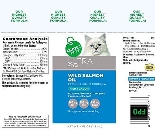 GNC Pets Ultra Mega Wild Salmon Oil Liquid Cat Supplement, 4 Ounces - Fish Flavor | Packed with EPA, DHA & Omega-3 Fatty Acids | Healthy and Natural Pet Supplements