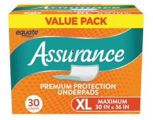 equate assurance unisex premium quilted underpad – incontinence pads – absorbent protective bed pads – bed covers for kids, adults, elderly – maximum absorbency, xl, 30 count