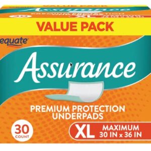 Equate Assurance Unisex Premium Quilted Underpad - Incontinence Pads - Absorbent Protective Bed Pads - Bed Covers for Kids, Adults, Elderly - Maximum Absorbency, XL, 30 Count