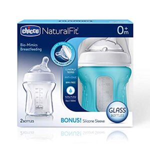 Chicco NaturalFit Glass 2 Pack Slow Flow with Bonus Silicone Sleeve, 9 Ounce, 0 Months Plus