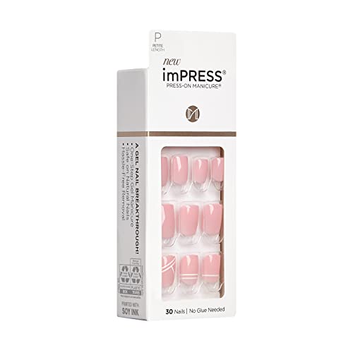 KISS imPRESS Press-On Nails Petite Length Glue On Nails Manicure Set, ‘Timeless Day’, 30 Chip-Proof, Smudge-Proof Fake Nails