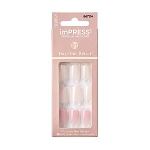 kiss impress press-on nails bare but better manicure set, nude false nails , ‘effortless finish’, 30 chip-proof fake nails