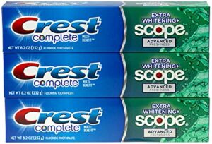 crest complete multi-benefit fluoride toothpaste – extra whitening and scope advanced freshness – 8.2 oz each, 3 count
