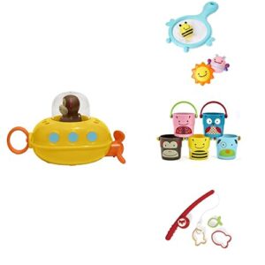 skip hop bath toy gift set  for toddler: submarine monkey, scoop & catch squirties, stack and pour buckets, fishin’ fox toy