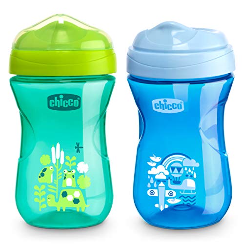 Chicco Rim Spout Trainer Spill Free Bite Poof Rim Baby Sippy Cup 9oz, Blue/Teal, 9m+ (2pk)