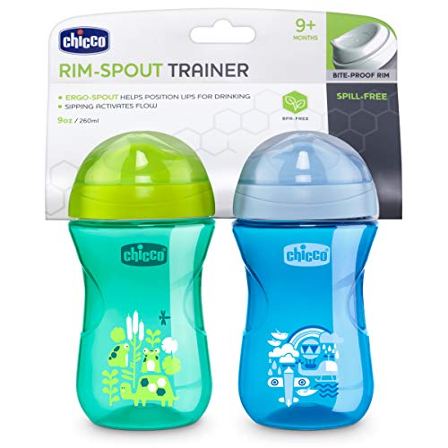 Chicco Rim Spout Trainer Spill Free Bite Poof Rim Baby Sippy Cup 9oz, Blue/Teal, 9m+ (2pk)