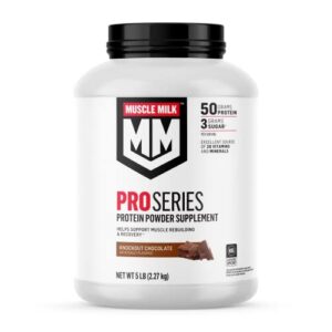 muscle milk pro series protein powder supplement, knockout chocolate, 5 pound, 28 servings, 50g protein, 3g sugar, 20 vitamins & minerals, nsf certified for sport, workout recovery, packaging may vary