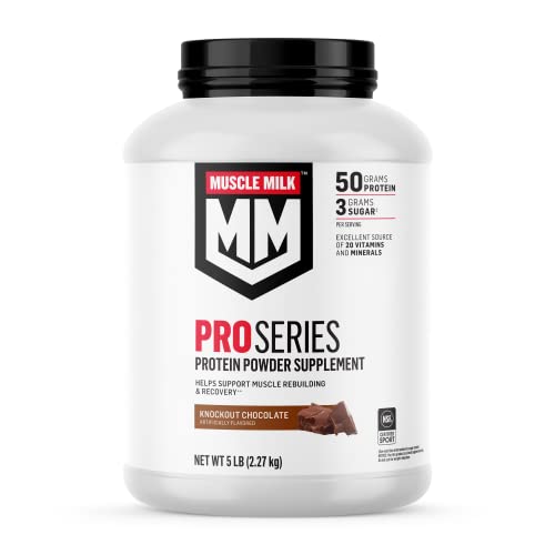 Muscle Milk Pro Series Protein Powder Supplement, Knockout Chocolate, 5 Pound, 28 Servings, 50g Protein, 3g Sugar, 20 Vitamins & Minerals, NSF Certified for Sport, Workout Recovery, Packaging May Vary