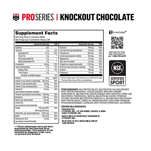 Muscle Milk Pro Series Protein Powder Supplement, Knockout Chocolate, 5 Pound, 28 Servings, 50g Protein, 3g Sugar, 20 Vitamins & Minerals, NSF Certified for Sport, Workout Recovery, Packaging May Vary