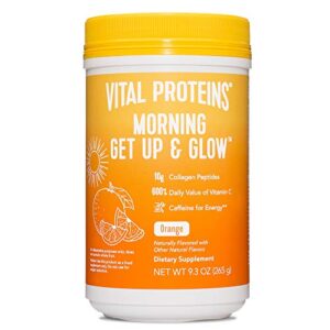 vital proteins morning get up and glow collagen peptides powder supplement, 90mg caffeine for energy & vitamin c & biotin & hyaluronic acid – 9.3oz