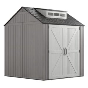 Rubbermaid Resin Weather Resistant Outdoor Storage Shed, 7 x 7 ft., Simple Gray/Onyx, for Garden/Backyard/Home/Pool