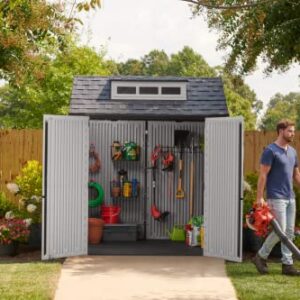 Rubbermaid Resin Weather Resistant Outdoor Storage Shed, 7 x 7 ft., Simple Gray/Onyx, for Garden/Backyard/Home/Pool