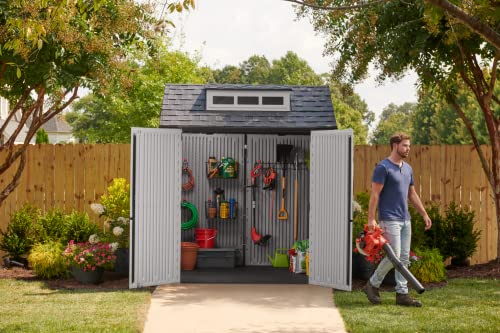 Rubbermaid Resin Weather Resistant Outdoor Storage Shed, 7 x 7 ft., Simple Gray/Onyx, for Garden/Backyard/Home/Pool