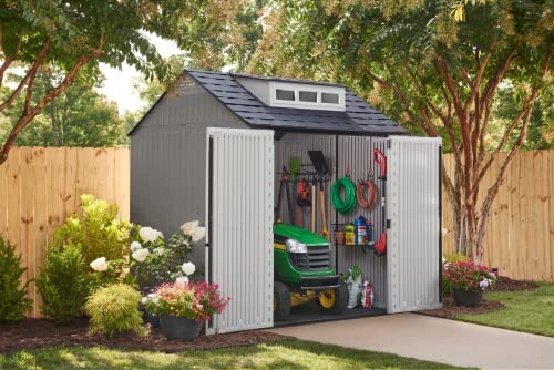 Rubbermaid Resin Weather Resistant Outdoor Storage Shed, 7 x 7 ft., Simple Gray/Onyx, for Garden/Backyard/Home/Pool