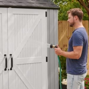 Rubbermaid Resin Weather Resistant Outdoor Storage Shed, 7 x 7 ft., Simple Gray/Onyx, for Garden/Backyard/Home/Pool