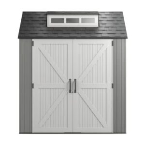 Rubbermaid Resin Weather Resistant Outdoor Storage Shed, 7 x 7 ft., Simple Gray/Onyx, for Garden/Backyard/Home/Pool