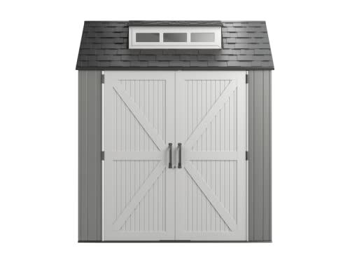 Rubbermaid Resin Weather Resistant Outdoor Storage Shed, 7 x 7 ft., Simple Gray/Onyx, for Garden/Backyard/Home/Pool