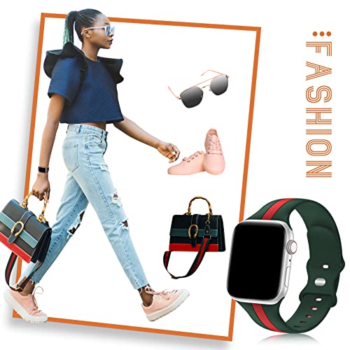 Designer Sport Band Compatible with Apple Watch iWatch Bands 40mm 38mm 41mm Men Women, Soft Silicone Strap Wristbands for Apple Watch Series 8/7/6/5/4/3/2/1/SE/Ultra [Army Green Red,38mm 40mm 41mm]
