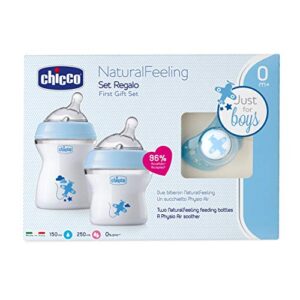 chicco naturalfeeling gift set with 2 newborn baby bottles + pacifier, 0 m + blue
