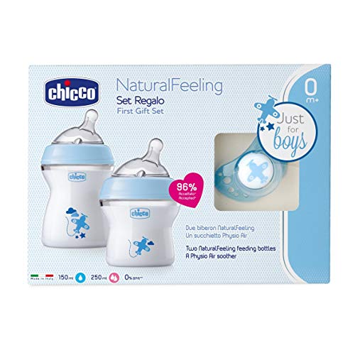 Chicco NaturalFeeling Gift Set with 2 Newborn Baby Bottles + Pacifier, 0 m + Blue