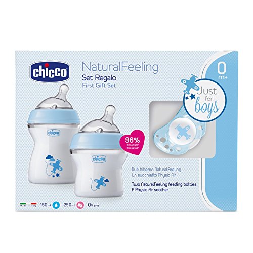 Chicco NaturalFeeling Gift Set with 2 Newborn Baby Bottles + Pacifier, 0 m + Blue