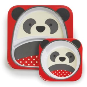 skip hop baby zoo little kid and toddler feeding melamine divided plate and bowl mealtime set, multi pia panda
