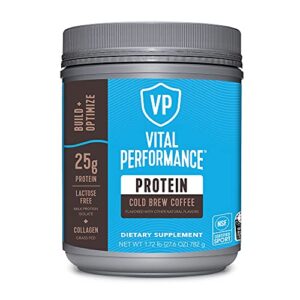 vital performance protein powder, 25g lactose-free milk protein isolate casein & whey blend, nsf for sport certified, 10g collagen peptides, 8g eaas, 5g bcaas, gluten-free – cold brew coffee, 1.72lb