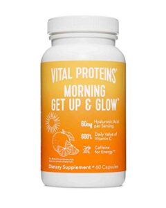 vital proteins morning get up and glow capsules, 90mg caffeine for energy & vitamin c & biotin & hyaluronic acid pills – 60ct