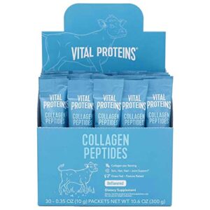 vital proteins collagen peptides powder supplement (type i, iii) travel packs, hydrolyzed collagen for skin hair nail joint – dairy & gluten free – 10g per serving – unflavored 30 ct per box
