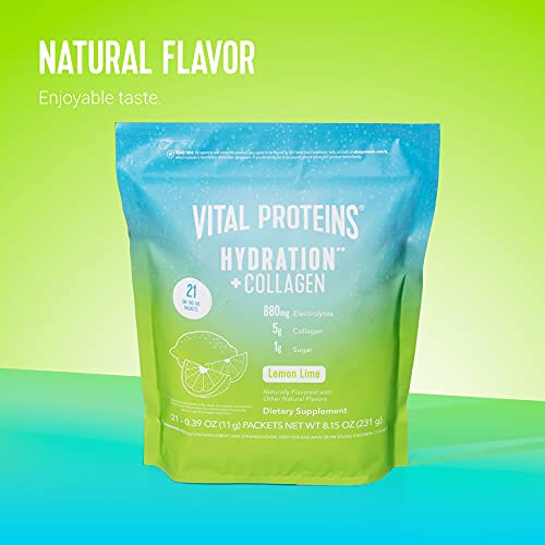 Vital Proteins Hydration + Collagen Powder Packets, Low Sodium Electrolyte Powder, Supplement Electrolyte Drink Mix, 1g Functional Sugar, 880mg Electrolytes, 100% DV Vitamin C - Lemon Lime, 21 Count