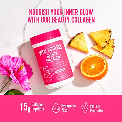 Vital Proteins Beauty Collagen Peptides Powder Supplement for Women, 120mg of Hyaluronic Acid - 15g of Collagen Per Serving - Enhance Skin Elasticity and Hydration - Tropical Hibiscus - 9.6oz Canister